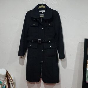 Laundry by Shelli Segal Military Style Utility Trench Coat in Black Wool Blend